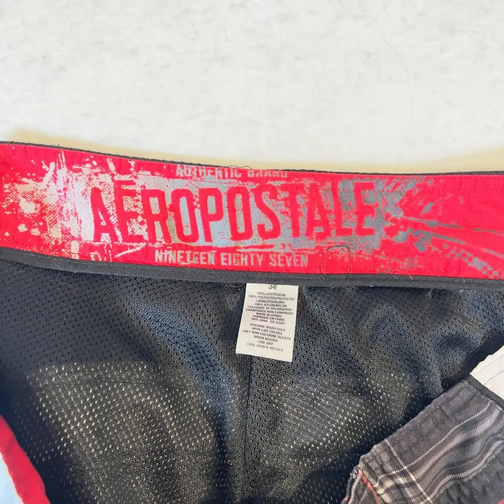 Aeropostale 1987 Board Short Swim Trunks Men 34W Black Red Grey Plaid Pocket